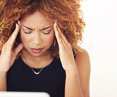 Buy stock photo Black woman, headache and stress from work in studio with tired employee with burnout and anxiety. Brain fog, fatigue and employee problem with mistake and worry from public relations deadline