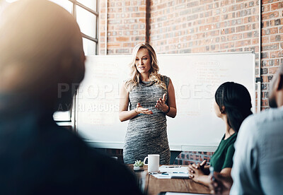 Buy stock photo Woman, meeting and presentation in office with coworkers for planning in workplace with staff. Whiteboard, business people and conference in boardroom with brainstorming, conversation and feedback.