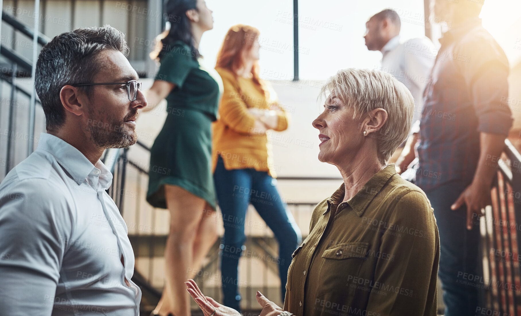 Buy stock photo Staff, business people and discussion on stairs in office for feedback, progress and consult with manager. Teamwork, public relations ceo and employee with plans, listen and communication with ideas