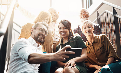 Buy stock photo Group, people and staircase with smile or phone, diversity in office with lens flare. Crowd, international or happiness with mobile technology for company profile picture, team building for employees