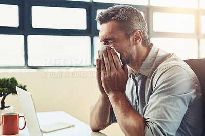 Buy stock photo Man, sick and blowing nose in office for healthcare, flu season or allergies with congestion. Male entrepreneur, medical and tissue for FLiRT COVID or infection in workplace, bacteria or corona virus