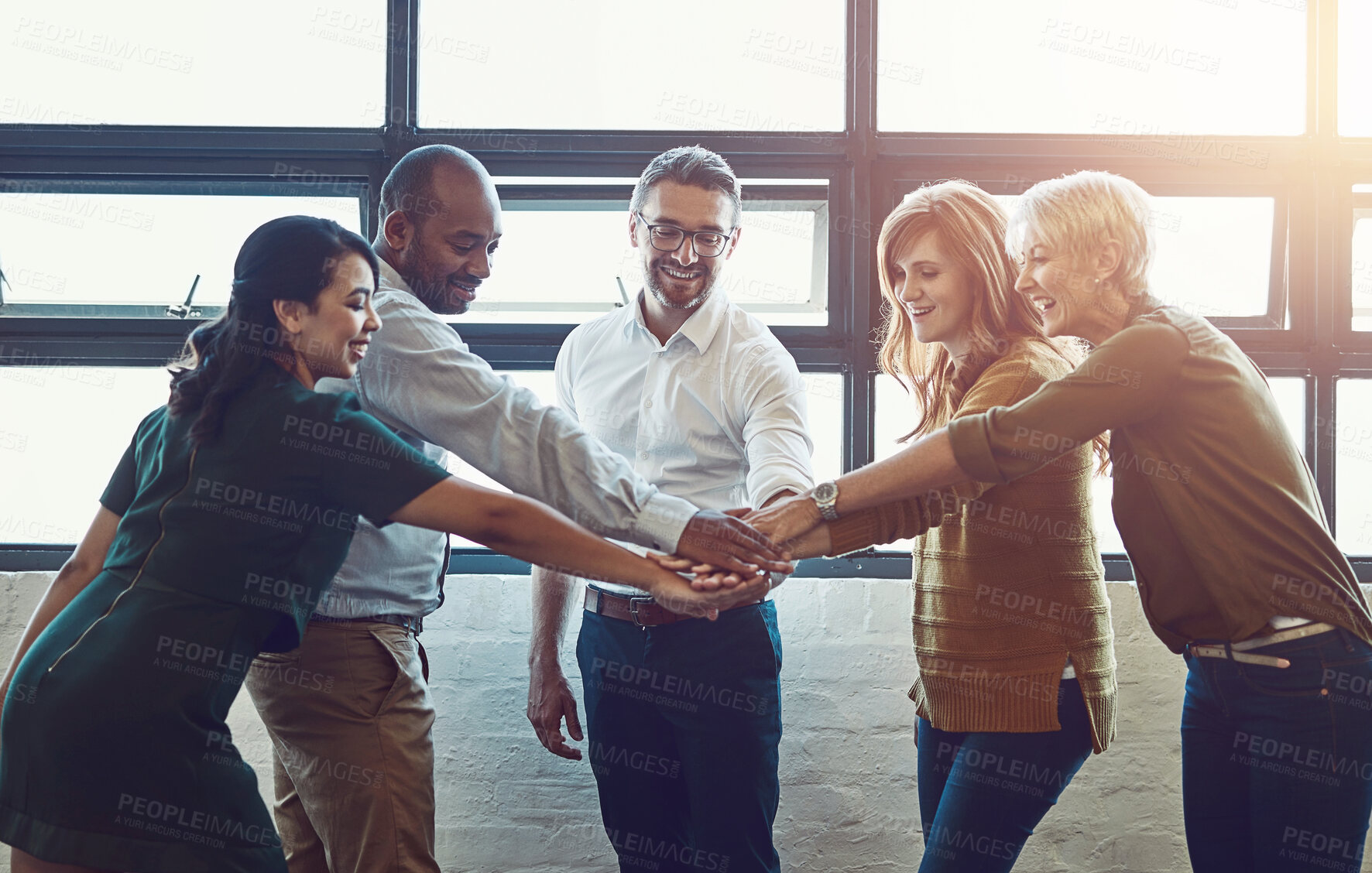 Buy stock photo Business people, team and hands with huddle in office for collaboration with synergy, happiness and diversity. Celebrating, victory and goal success in company with workforce, partnership and growth.