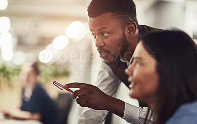 Buy stock photo Black man, employee and help on computer in office with teaching, learning and skill development. People, teamwork and collaboration with explaining with online or internet research for project