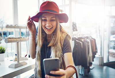 Buy stock photo Selfie, shopping and woman with hat in boutique with discount, sale or deal in luxury mall. Fashion, smile and female influencer with designer accessory for photography picture at store in New York.