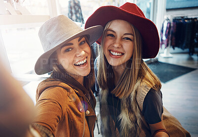 Buy stock photo Friends, selfie and shopping date with women, smile and happiness together with retail, sale and discount at mall. Portrait, photograph and memory for social media, customer and urban boutique shop