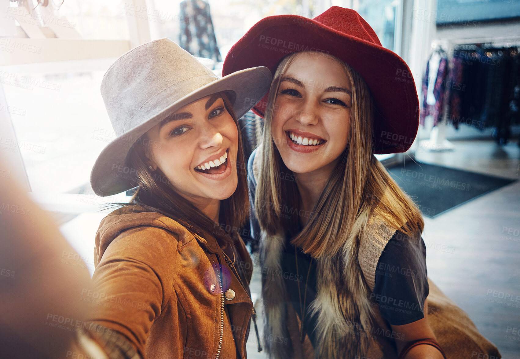 Buy stock photo Friends, selfie and shopping date with women, smile and happiness together with retail, sale and discount at mall. Portrait, photograph and memory for social media, customer and urban boutique shop