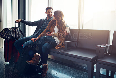 Buy stock photo Lounge, luggage and phone with couple in airport for travel, waiting for boarding gate together. Holiday, suitcase for trip or vacation with man and woman in lobby for flight or online check in