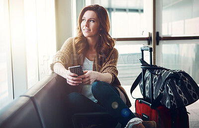 Buy stock photo Woman, airport or luggage with phone for thinking, waiting with smile for travel or vacation. Female person, happiness or idea for holiday destination with mobile, contemplating or planning in London