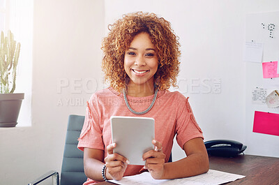 Buy stock photo Black woman, smile and portrait in office with tablet for web design, online for business email. Female entrepreneur, creative and workspace with happiness for website development, tech for startup