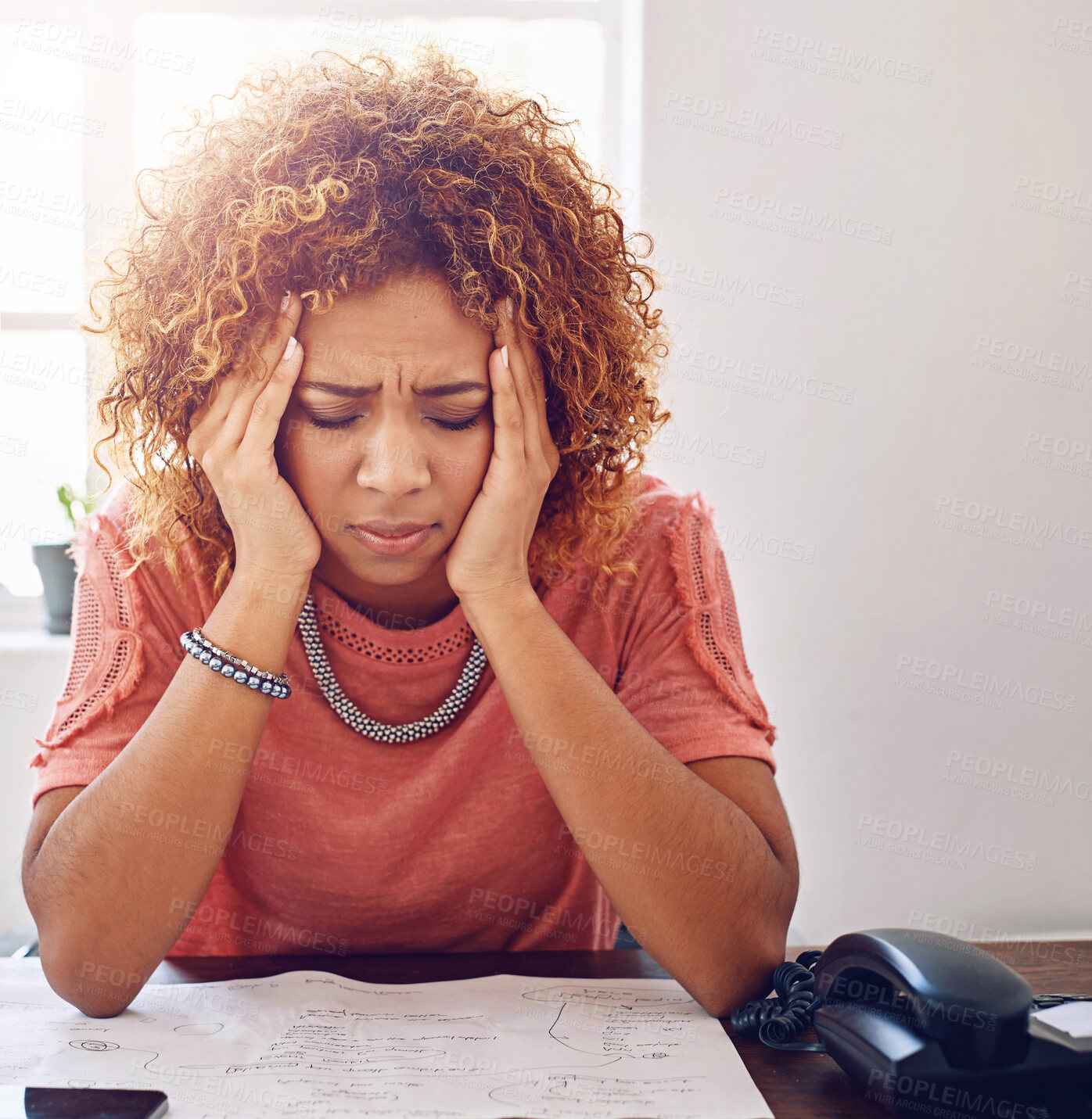 Buy stock photo Woman, headache and stress at work for paperwork, mental health and employee for medical issue. Female person, frustrated and anxiety for burnout or mistake in office, fail and migraine for documents