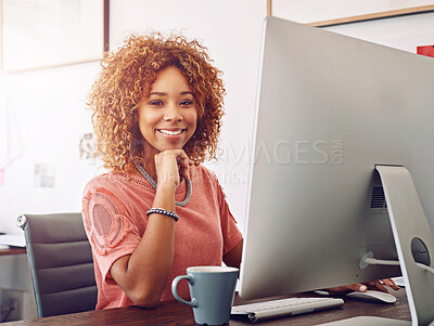 Buy stock photo Black woman, smile and portrait in office with computer for web design, online for business email. Female entrepreneur, creative and workspace with happiness for website development, tech for startup