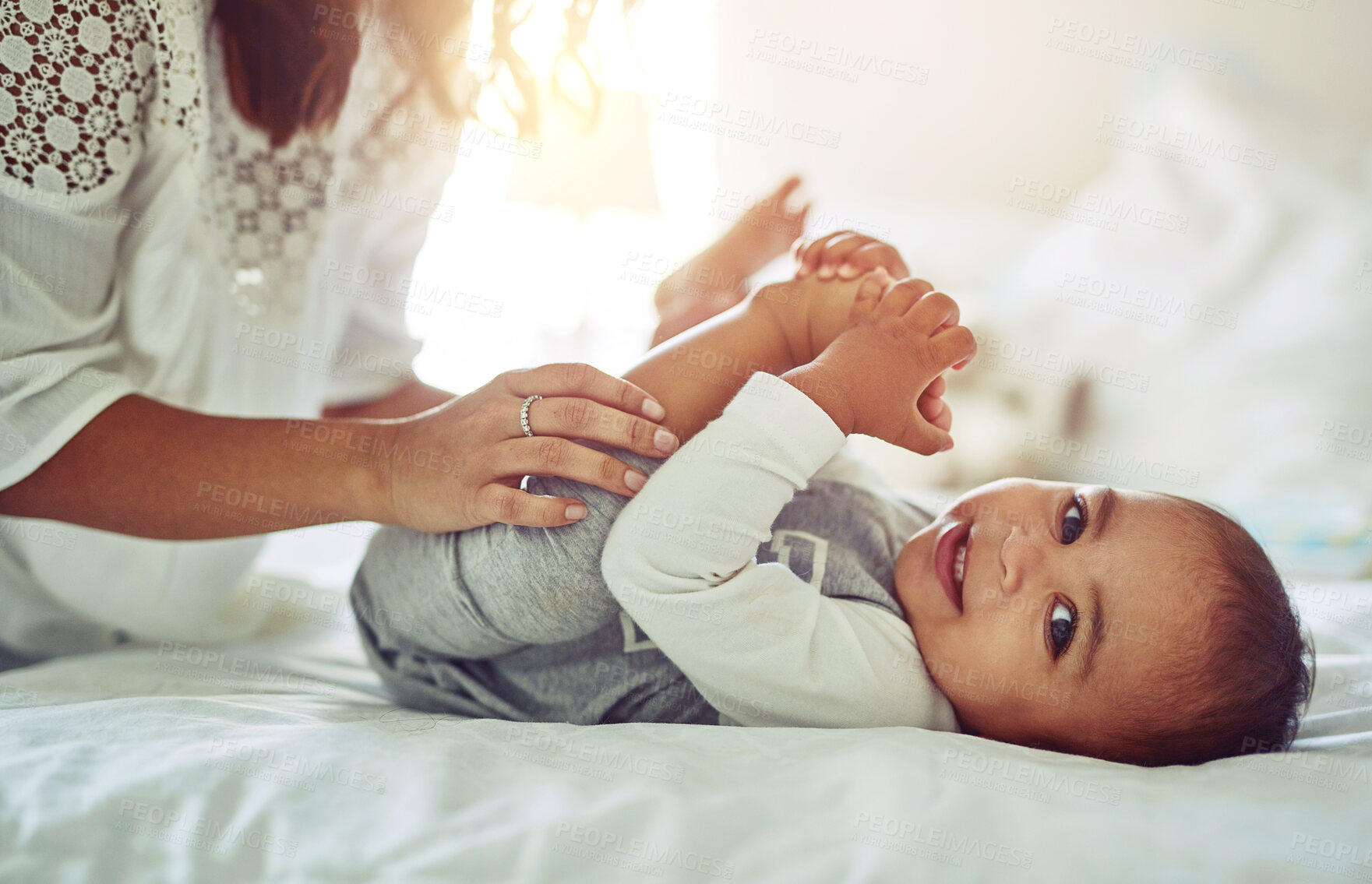 Buy stock photo Portrait, closeup and baby with mother, bedroom and happiness with family, smile and relaxing. Face, infant and mama with kid, cheerful and bonding together with home, joyful child and laughing