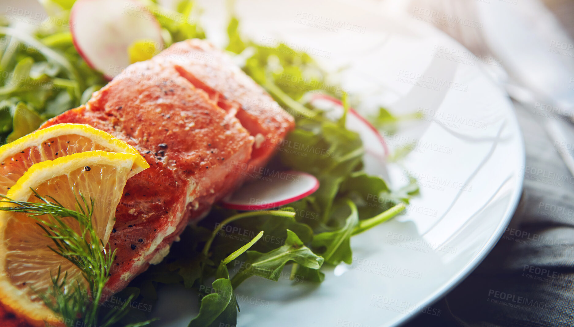 Buy stock photo Food, plate and grilled salmon with salad for healthy, wellness and nutrition fine dining cuisine. Diet, meal and gourmet dish of fish, rocket leaves and radish with lemon for dinner or supper.