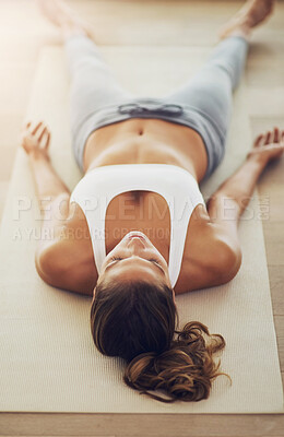 Buy stock photo Woman, home and yoga savasana for relax, wellness or zen for healthy body. Female person, house and calm peace with corpse pose for natural breathing on floor for spiritual, mindset or stress relief
