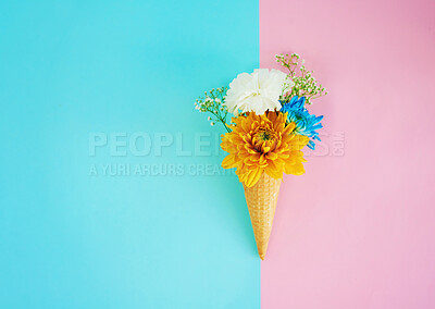 Buy stock photo Flowers, cone and ice cream in a studio for decoration, creativity or artistic with fresh and colorful bouquet. Creative, still life and blossom floral plants in a dessert with mockup space and empty