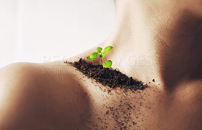 Buy stock photo Shoulder, neck and woman with soil, plant and seedling with nature, organic and healthy skin. Person, human and girl with leaves, dirt and body care with herbs, green and leaves with growth and bare