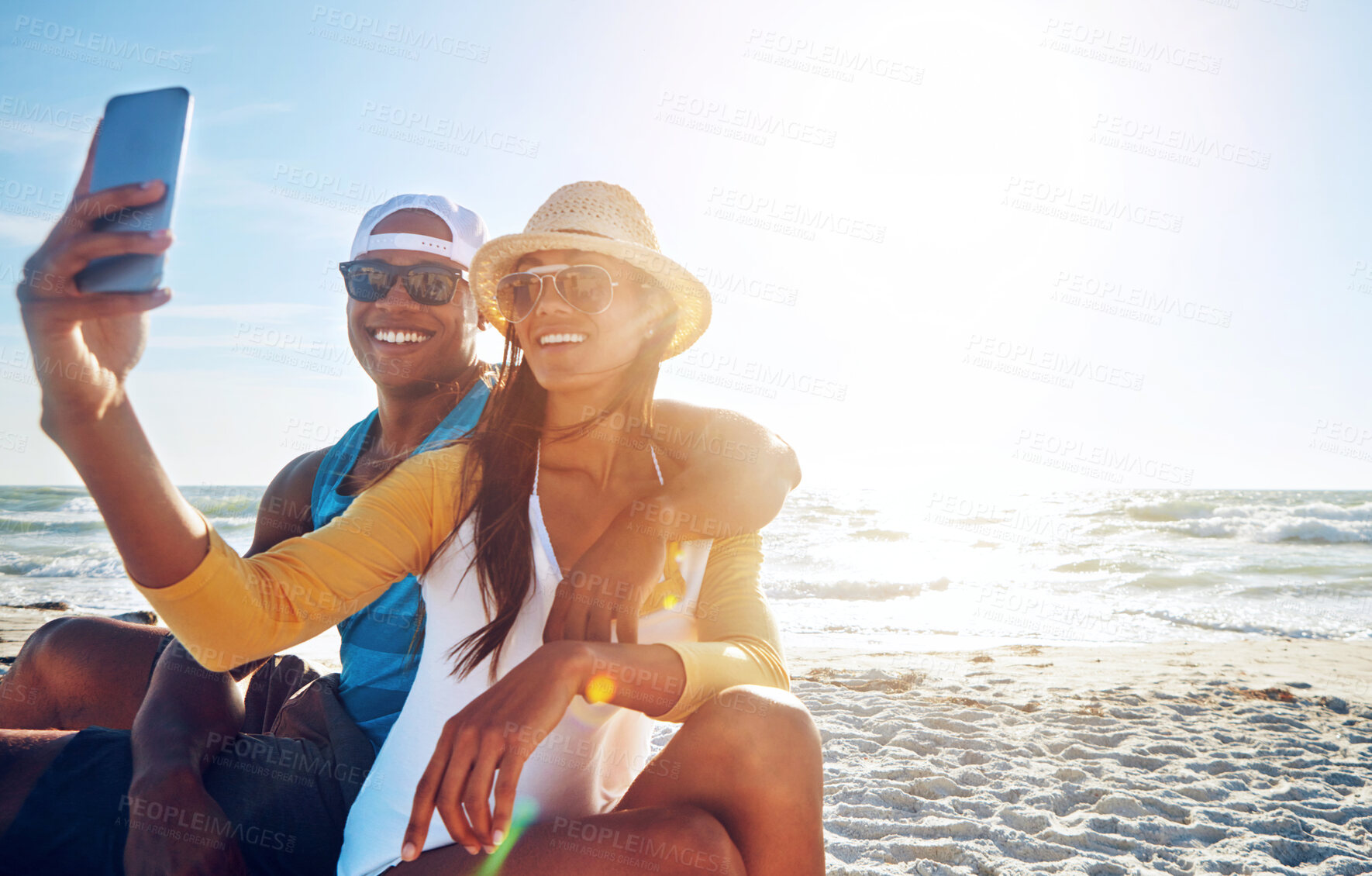 Buy stock photo Beach, selfie and couple with sunglasses for photography, picture and vacation memory in Bali. Outdoor, ocean and sunshine with happy people, boyfriend and girlfriend for social media on holiday