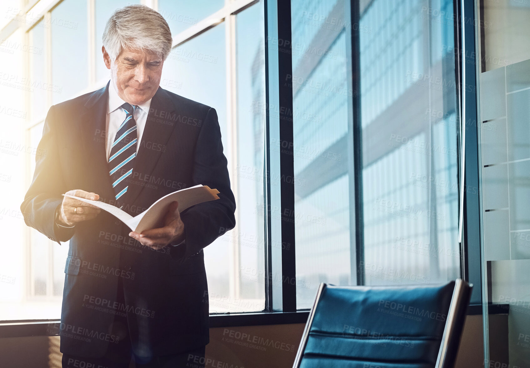 Buy stock photo Businessman, ceo and corporate office with documents for manager of company. Lawyer, experienced and law firm with attorney or advocate with legal experience, report and mature boss in workplace