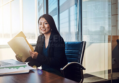 Buy stock photo Document, portrait and business woman in office with folder of financial budget report for planning. Smile, finance and Asian female investment banker with company stock market analysis paperwork.