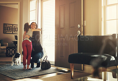 Buy stock photo Mother, hug and child at door for welcome home, hello and excited reunion after business trip or travel. Happy family, woman or mom with bag and embrace kid in living room for support, care and love