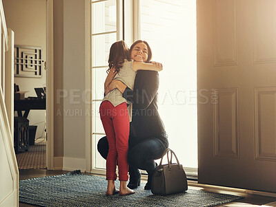 Buy stock photo Mom, hug and child at door for welcome home, hello and excited reunion after business trip or travel. Happy family, woman or mother with bag and embrace kid at entrance for support, care and love