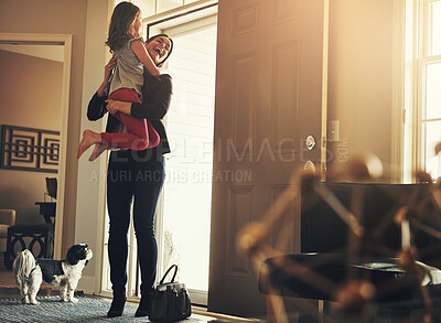 Buy stock photo Mother, girl and hello hug in home for greeting with dog, relationship trust and support for care. Mama, child and welcome embrace by apartment door for love with smile and connection with pet animal