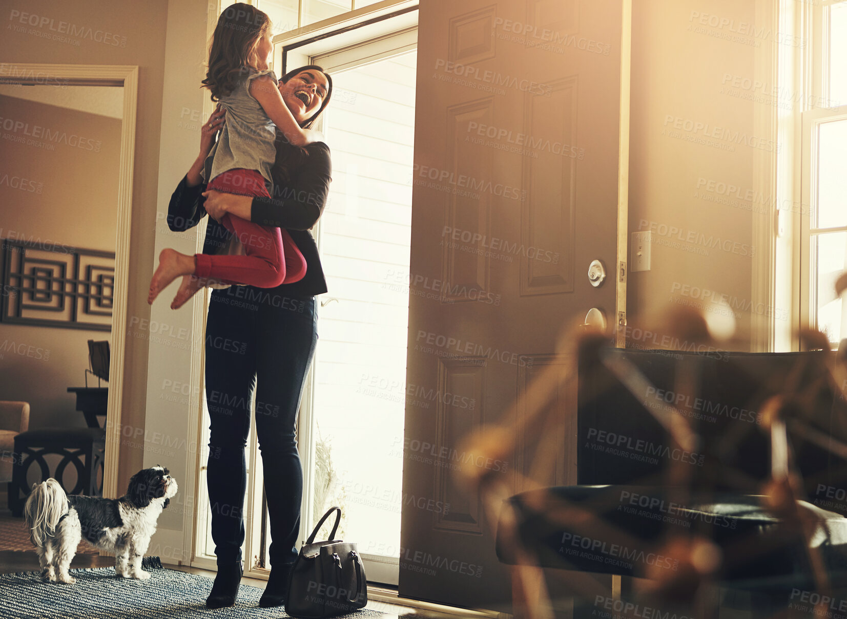 Buy stock photo Mother, girl and hello hug in home for greeting with dog, relationship trust and support for care. Mama, child and welcome embrace by apartment door for love with smile and connection with pet animal