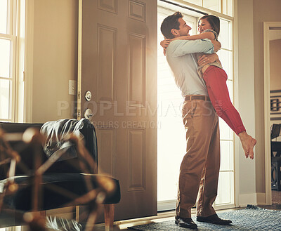 Buy stock photo Father, hug and daughter at door for welcome home, hello and excited reunion after business trip or travel. Happy family, man or dad embrace child or girl with support, care and love at entrance