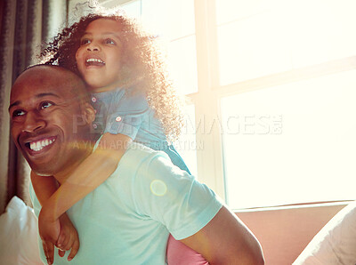 Buy stock photo Black family, home and dad with girl for piggyback, relationship trust and support for fun. Hug, smile and African papa carry young child with playing together for development and happiness in lounge