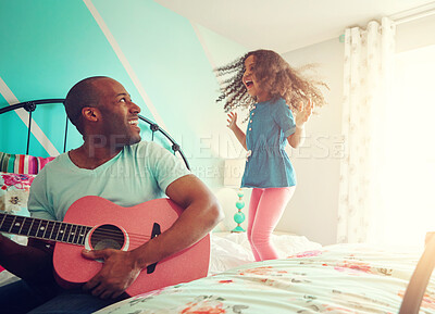 Buy stock photo Happy, kid and man with guitar on bed at home for sound, entertainment and bonding in childhood. Excited, little girl and dad with instrument for child development, music and love on fathers day