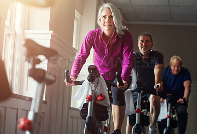 Buy stock photo Fitness, spinning class and senior people in gym for cycling, exercise and training with physical activity. Workout club, men and woman on bicycle for health, wellness and endurance with cardio