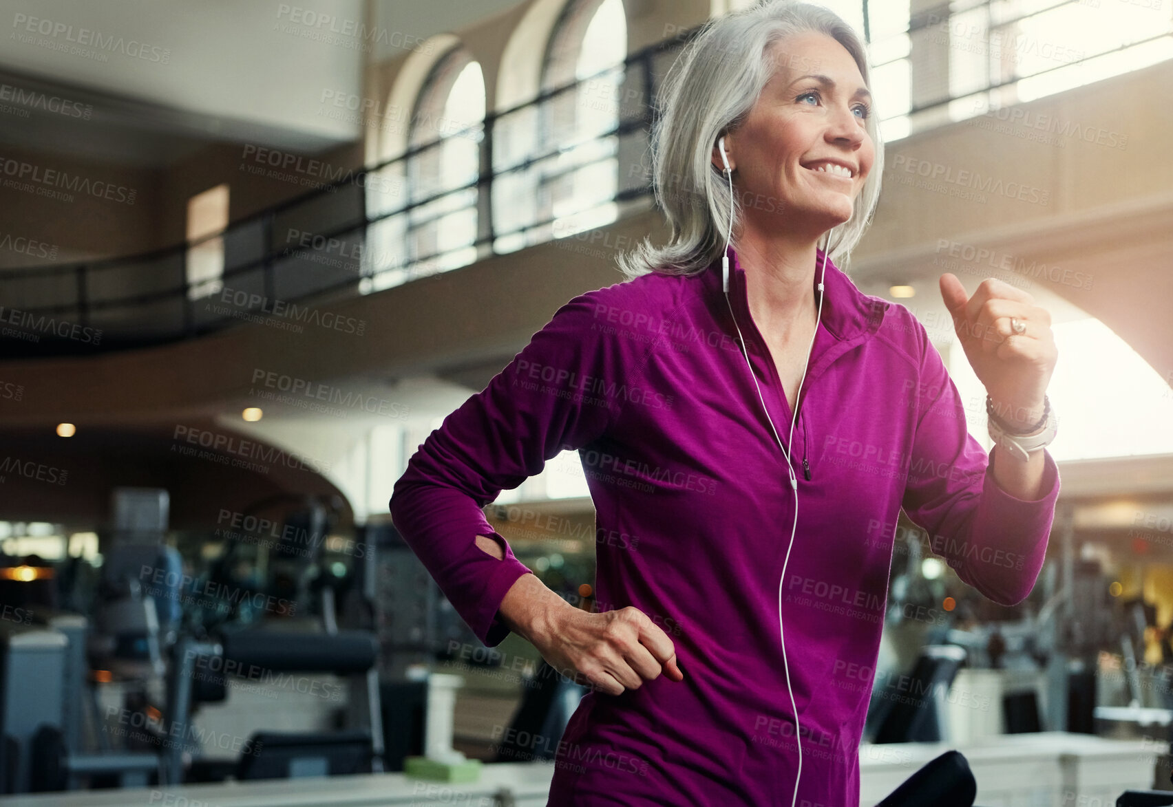 Buy stock photo Happy, senior woman and running on treadmill for wellness, exercise, and fitness in retirement. Female person, excited and training in gym for cardio workout, physical vitality and body strength