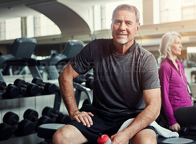 Buy stock photo Fitness, gym and portrait of senior man with water bottle for training, exercise and workout. Sports, retirement and person with vitamins, minerals and liquid for wellness, health and 