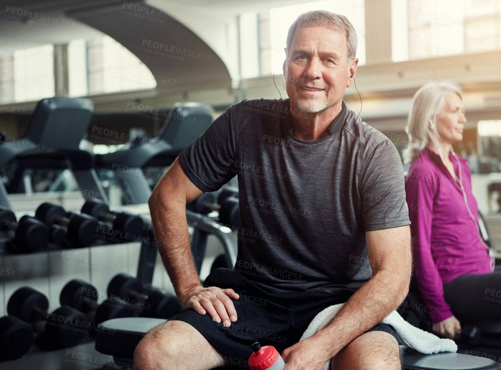 Buy stock photo Fitness, gym and portrait of senior man with water bottle for training, exercise and workout. Sports, retirement and person with vitamins, minerals and liquid for wellness, health and 