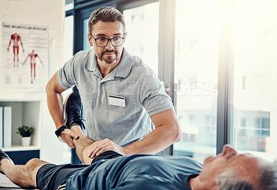 Buy stock photo Physiotherapy, senior man and stretching leg for knee pain, medical and consultant with injury support. Consultation, chiropractor and physical therapy with rehabilitation and care in doctor office