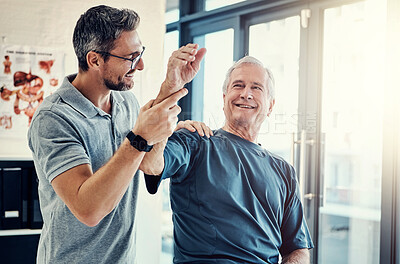 Buy stock photo Physiotherapy, chiropractor and old man with shoulder pain for rehabilitation, consulting and exercise. Healthcare, physical therapy and person with patient for medical service, wellness and support