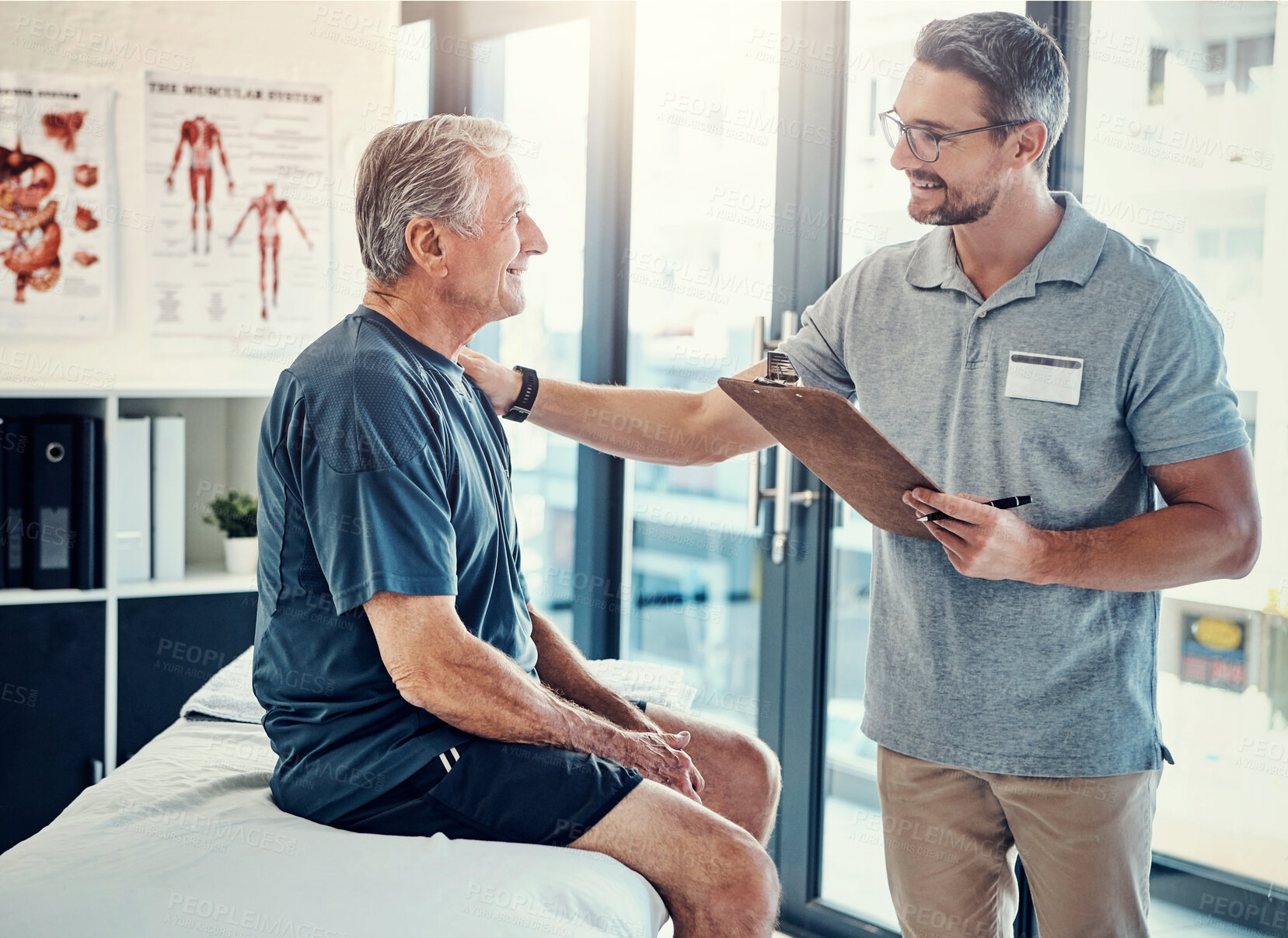 Buy stock photo Physiotherapy, clipboard and mature man consulting chiropractor at clinic for body, assessment and examination. Physical therapy, service and client with expert for insurance, checklist or compliance