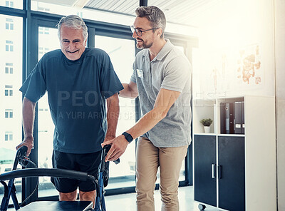 Buy stock photo Physiotherapy, walking frame and old man for rehabilitation, consulting and recovery. Healthcare, physical therapist and senior person with disability for medical service, wellness and support