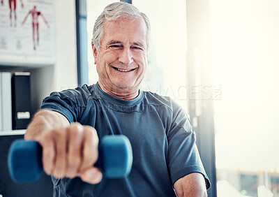 Buy stock photo Happy, physio and old man with dumbbell, smile and stretching at clinic for senior rehabilitation. Physiotherapy, weights and elderly patient in mobility training, exercise or health in retirement