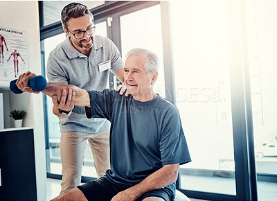 Buy stock photo Weight, senior man and physiotherapy with healthcare, wellness and client assessment at doctor. Consultation, rehabilitation and arm exercise from physical therapy and recovery of patient with care