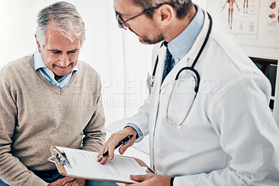 Buy stock photo Consultation, man and doctor in office with clipboard, help and advice for health insurance. Clinic, senior patient and medical professional for feedback with support, trust and healthcare at checkup