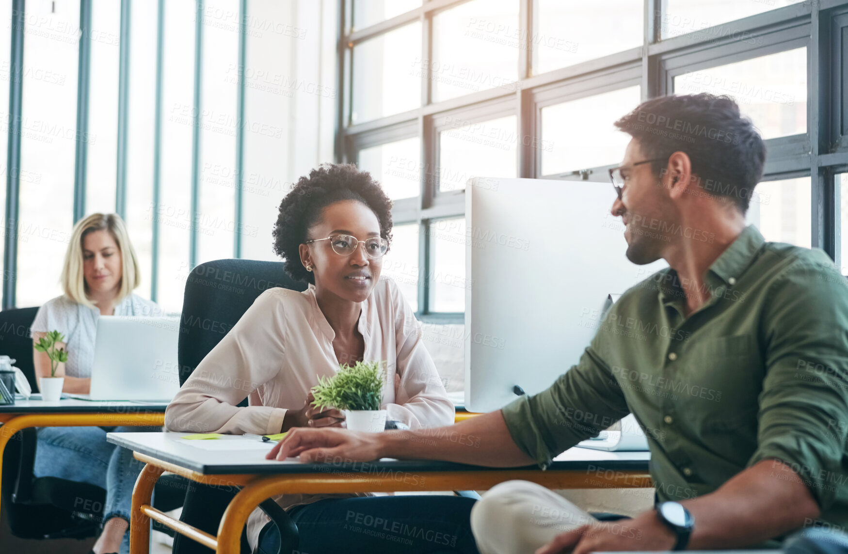 Buy stock photo Creative agency, business people and smile in office for discussion, planning and question. Workspace, colleagues or coworkers as content writer, journalist or editor to brainstorm for teamwork