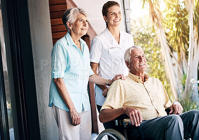 Buy stock photo Senior, couple and nurse in outdoor with wheelchair, disability or medical healthcare service at nursing home. Man, woman and caregiver for injury rehabilitation, support or gratitude on retirement