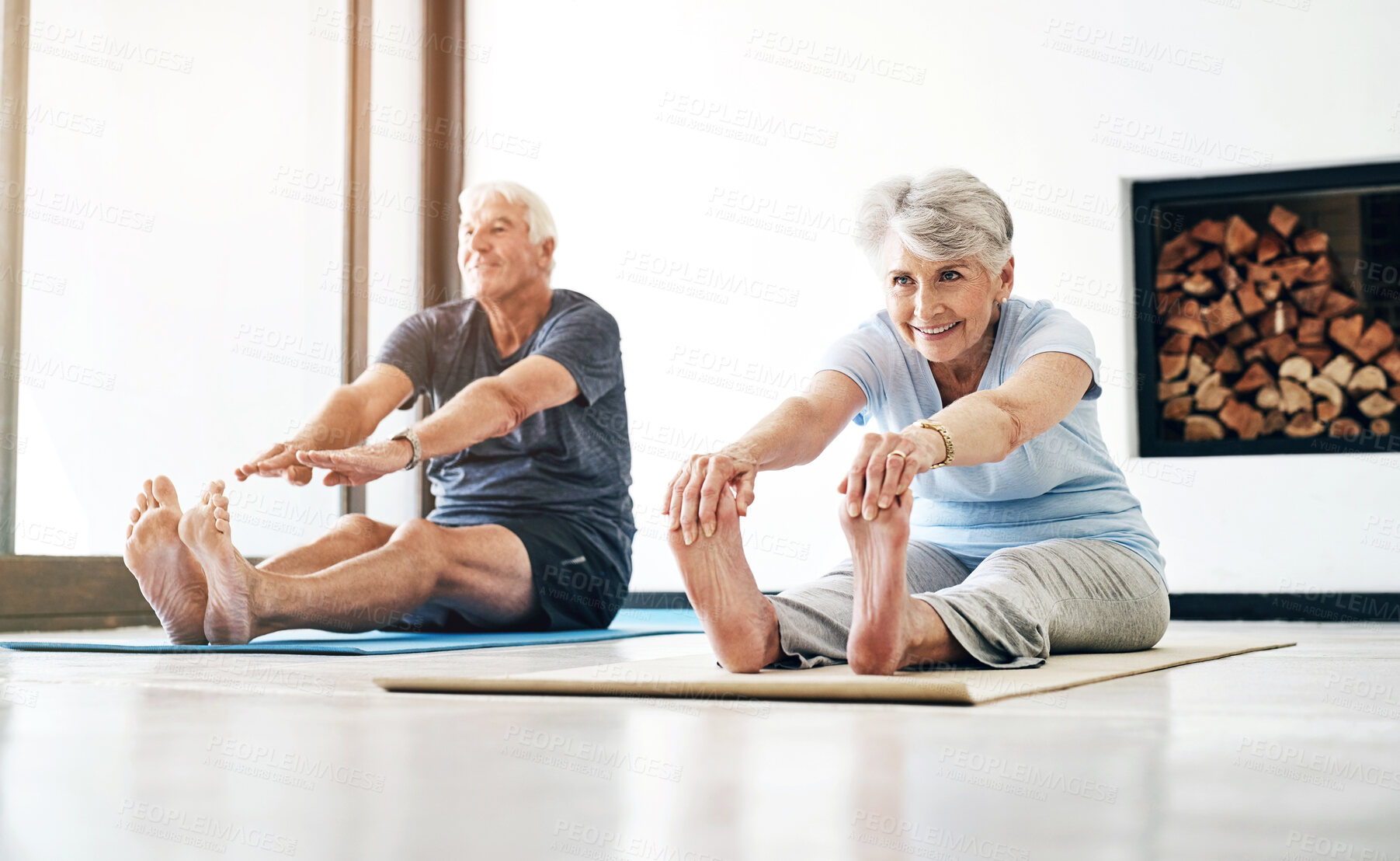 Buy stock photo Legs, stretching and senior couple with yoga, exercise and pilates for flexibility in home. Floor, mat and elderly people in retirement with energy balance, fitness or wellness with healthy lifestyle