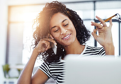 Buy stock photo Black woman, home and laptop with phone call for thinking, planning for website development or startup business. Female entrepreneur, happy and communication with tech, chat with thought or idea