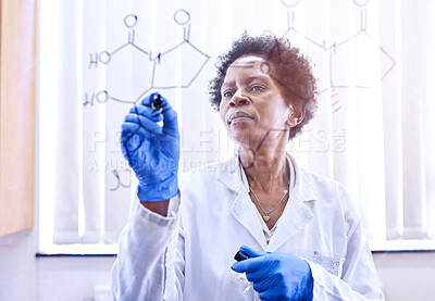 Buy stock photo Black woman, science and writing on glass board with idea for chemistry, strategy or innovation. Scientist, thinking and research with structural formula for planning breakthrough experiment in lab