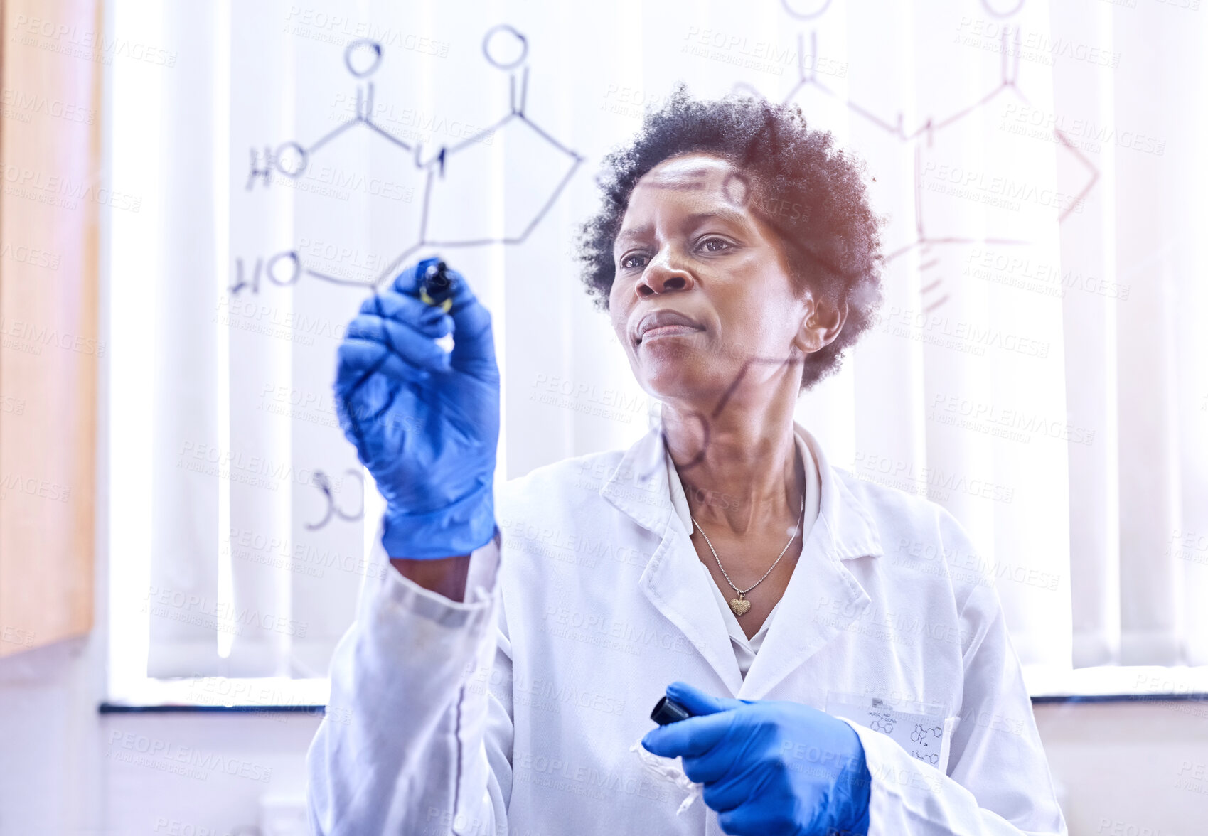 Buy stock photo Black woman, science and writing on glass board with idea for chemistry, strategy or innovation. Scientist, thinking and research with structural formula for planning breakthrough experiment in lab