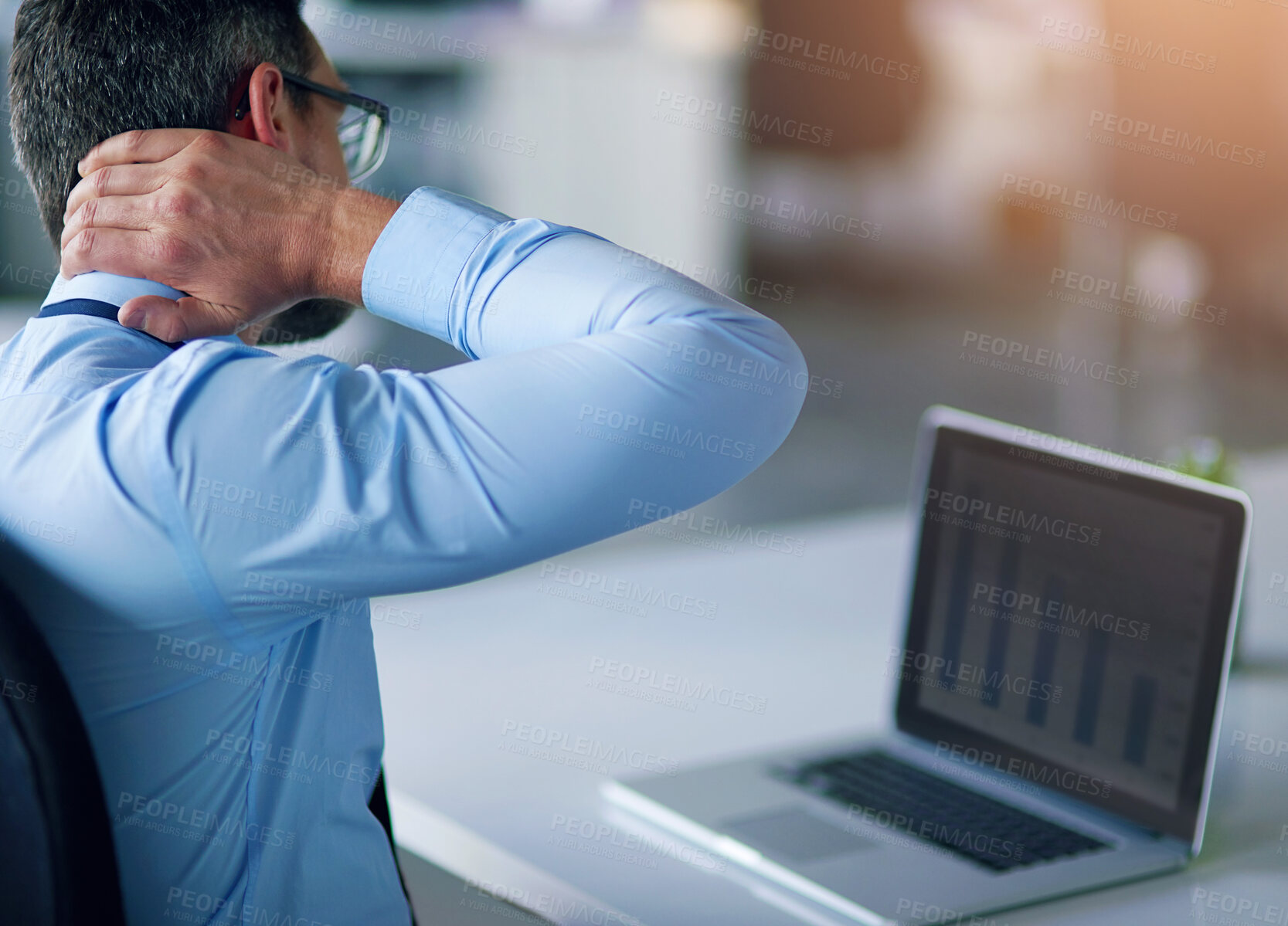 Buy stock photo Businessman, screen and laptop in office with neck pain from overworked or burnout in corporate company. Strain, chronic and posture problem or stressed out with deadline, work and muscle issue.