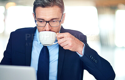 Buy stock photo Businessman, office and drinking coffee in morning for work with caffeine, energy and stress relief. Accountant, auditor and report for finance with cup of tea, budget and accounting analyst in firm.