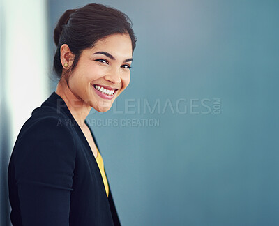 Buy stock photo Studio, lawyer and woman with smile, portrait and professional with confidence, legal and mockup. Blue background, student and happiness of person, internship and career of law firm for attorney